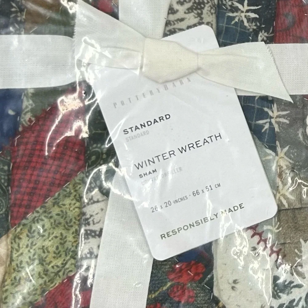2 Pottery Barn Winter Wreath Quilted Standard Pillow Sham Covers Velvet NWT